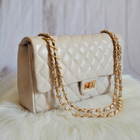 ADELA Quilted Mid Sized Turn Lock Handbag in Beige - Picture 2 of 5